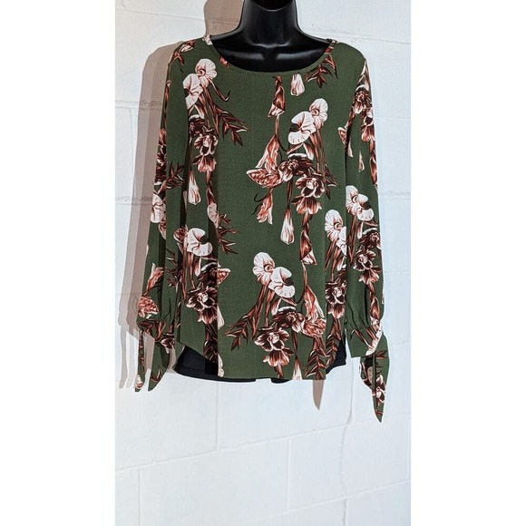 Lara Fashion Floral Print Long Sleeve Blouse Olive Green Tie Cuff Top Small - Picture 1 of 5